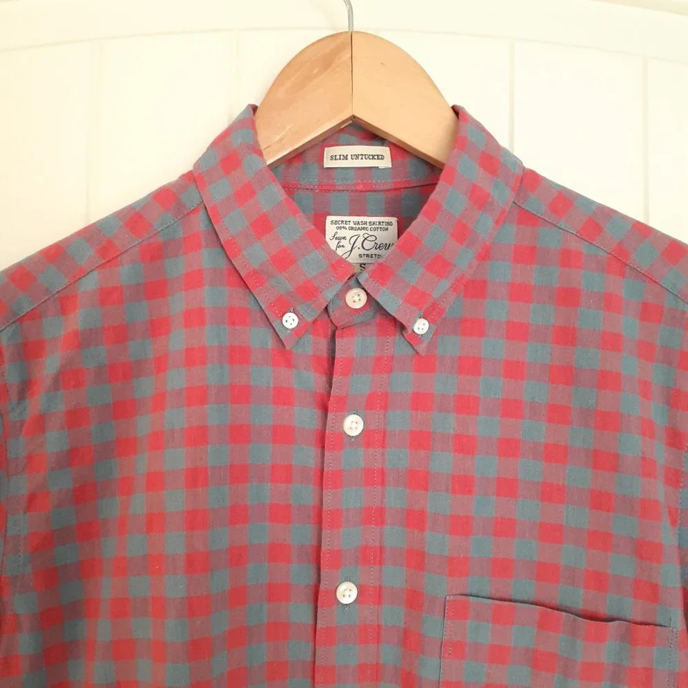 J. Crew Slim Untucked Organic Cotton Check Plaid Button Down Red Blue Size S